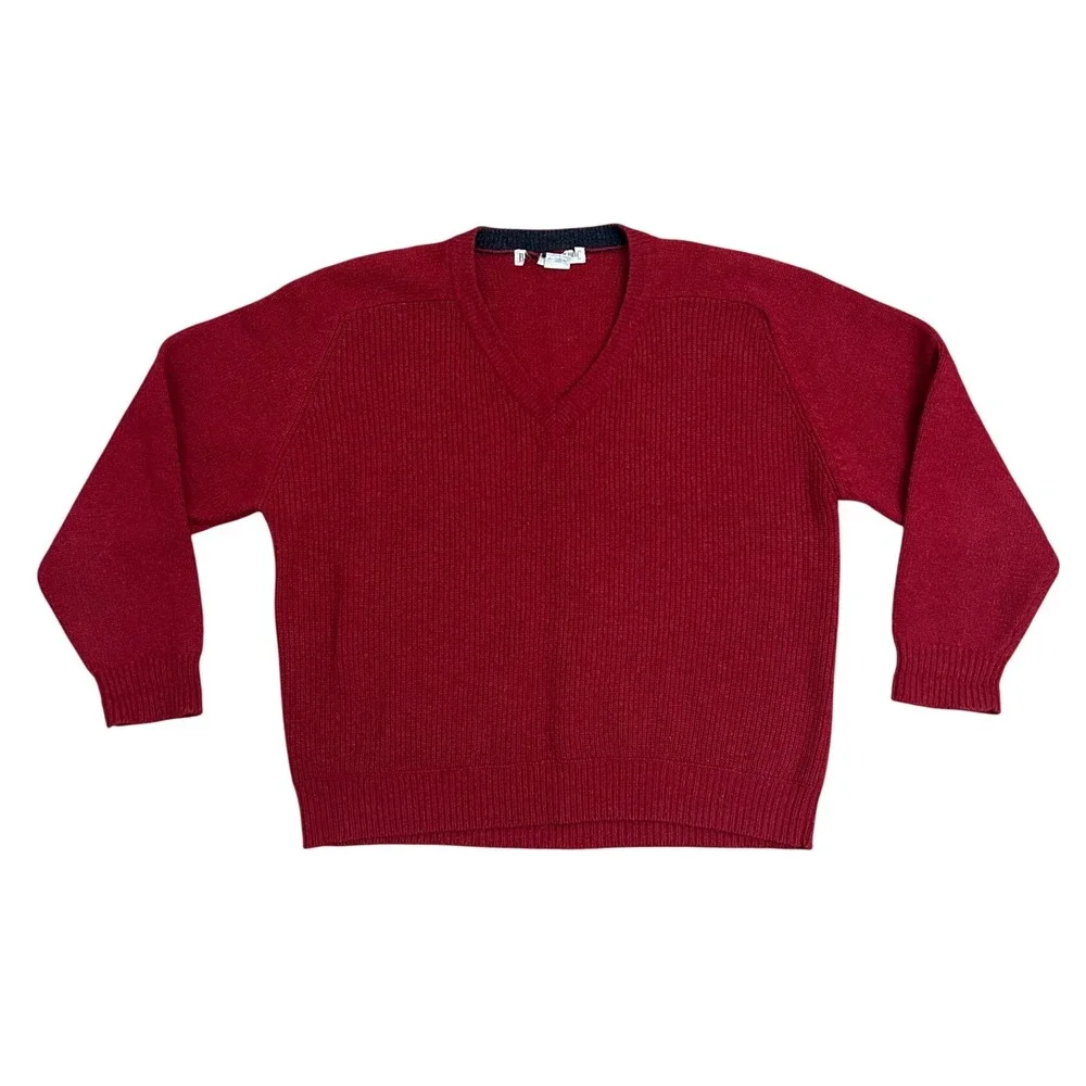 Vtg 90s Banana Republic Red Lambswool V-Neck‎ Sweater Mens S Ribbed Knit chunky